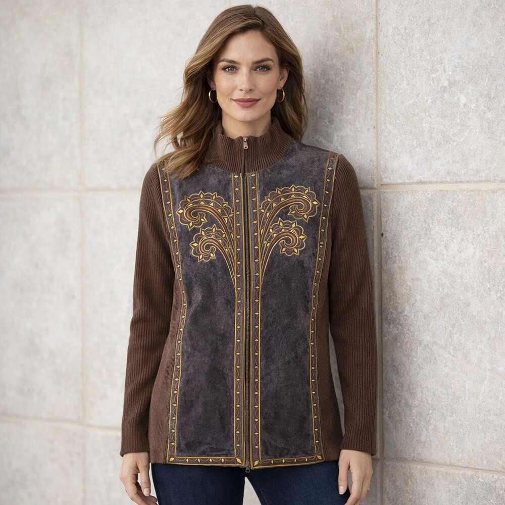 Vintage 80s Bob Mackie Wearable Art Brown Embroidered Suede Sweater Jacket 1X